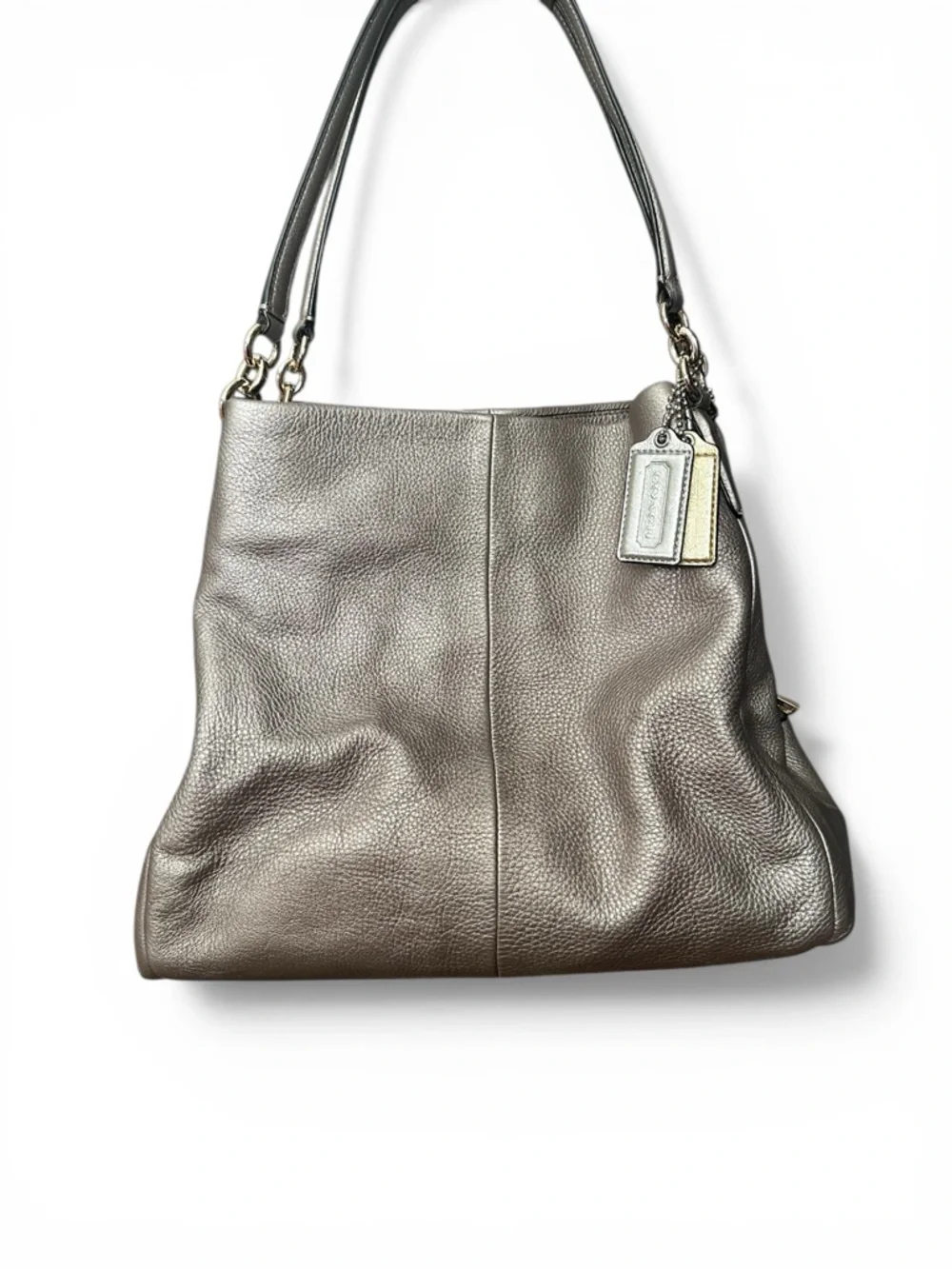 Coach Pebbled Leather Shoulder Tote – Silver Metallic – F35723 with COA